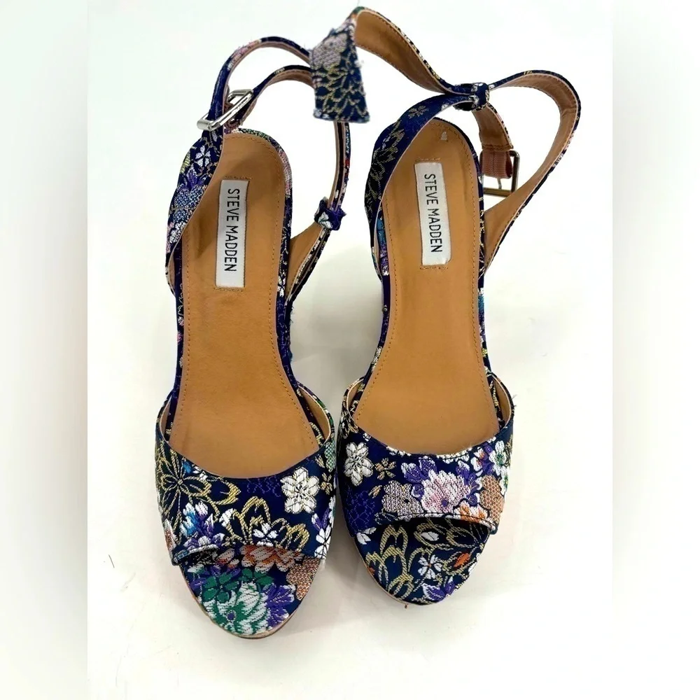 Steve Madden embroidered floral satin cork ankle strap platform shoes 9 no box